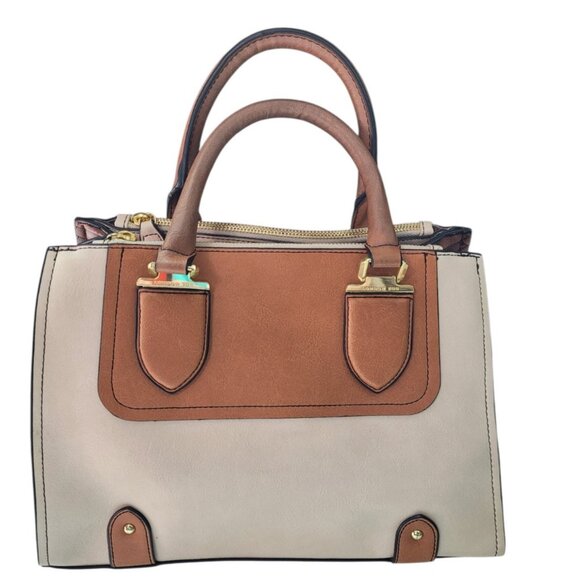 London Fog Handbags - London Fog Women's Satchel Bag Medium Cognac and Off White Snap Zippers